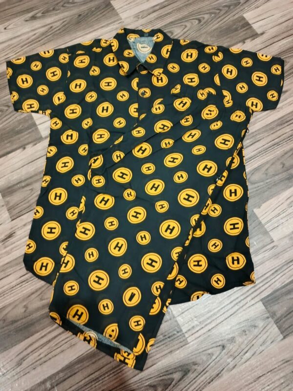 "H" Patterned Button-Up Shirt and Pants Set, Men's Casual Loungewear Set